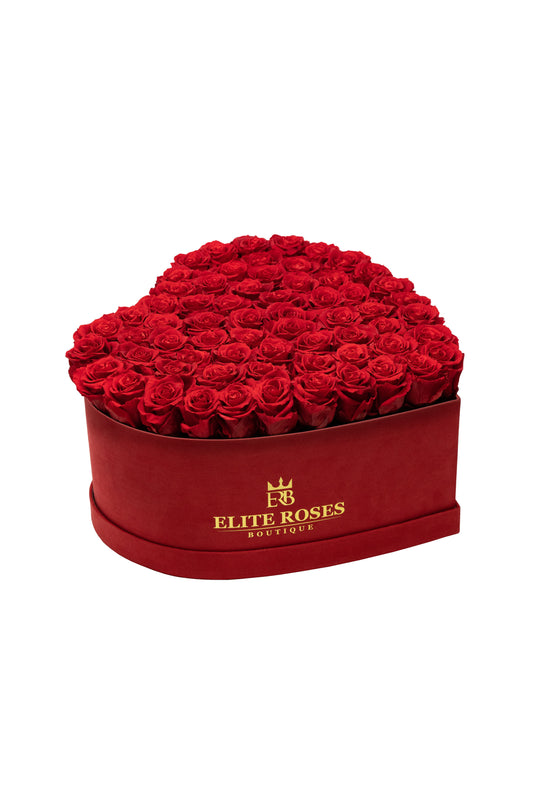 Red roses in a large heart box