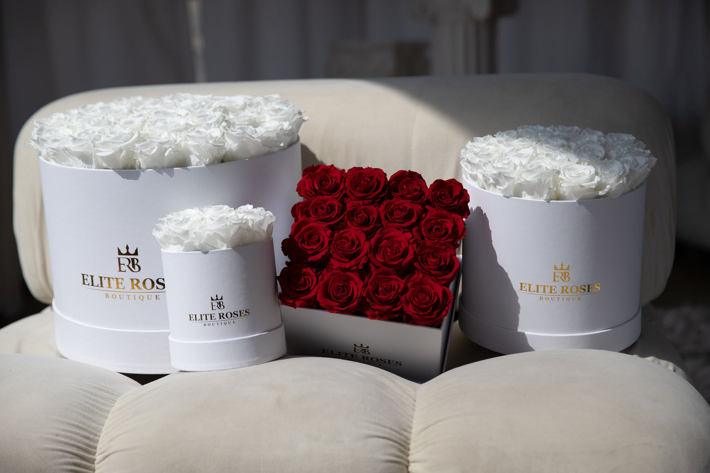 Red roses in a medium square box