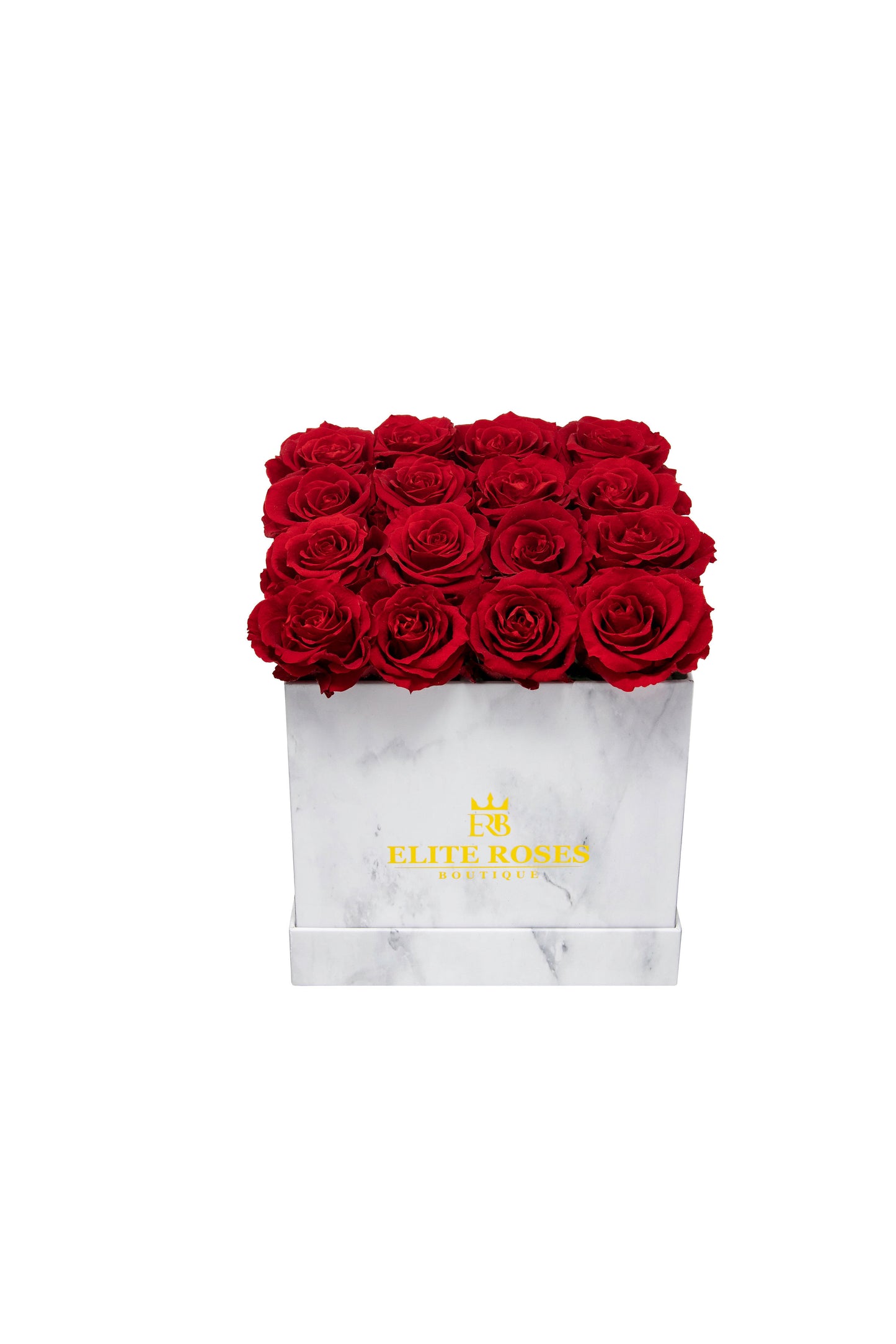 Red roses in a medium square box