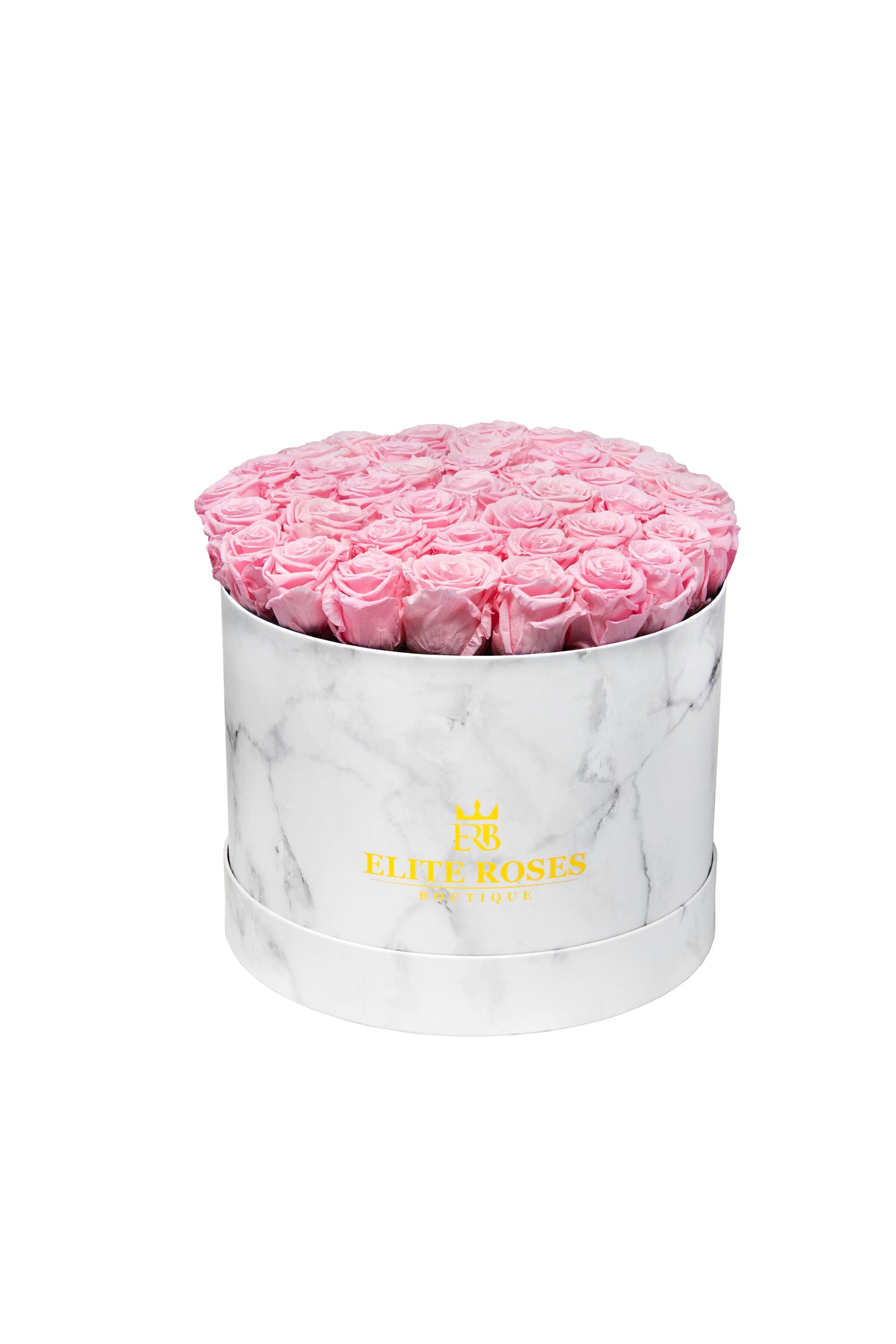 Pink roses in a large round box