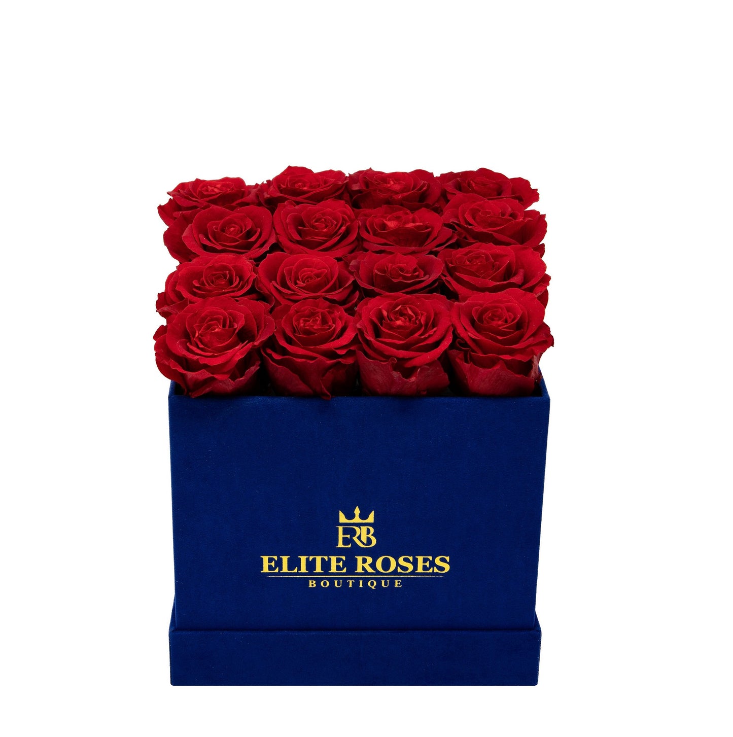 Dark red roses in a medium square box