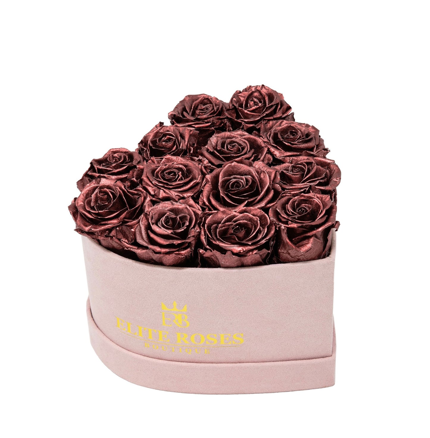 Rose gold metallic roses in a small heart box