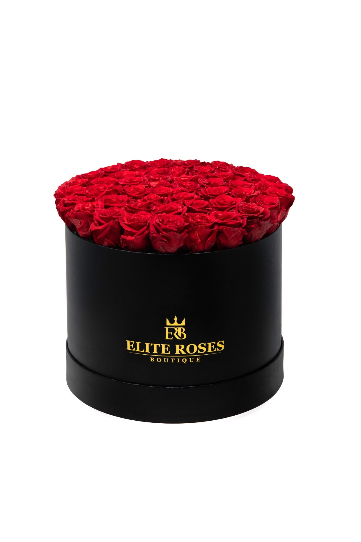 Red roses in a large round box