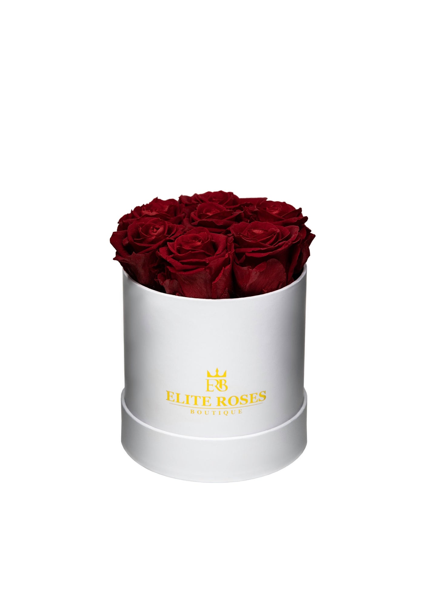 Dark red roses in a small round box